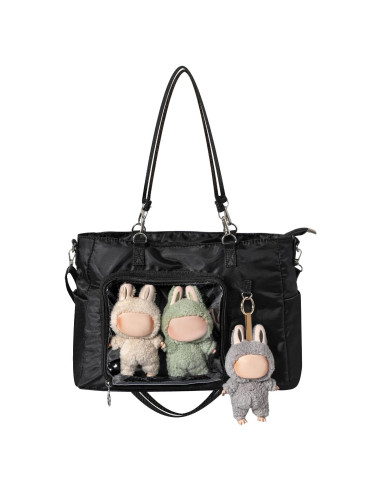 Bolsa Tote Negra con Ventana para Muñecas Labubu POP MART