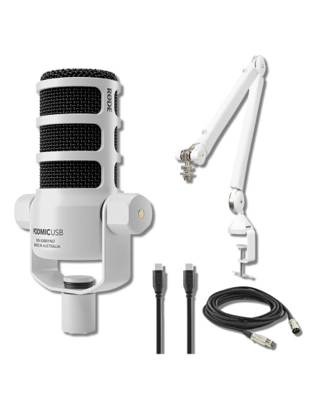 Micrófono Dinámico Rode PodMic USB + Brazo PSA1+ Blanco Micrófono Dinámico Rode PodMic USB + Brazo PSA1+ Blanco