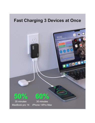 Cargador USB C 65W POANES 3 Puertos Carga Rápida Negro