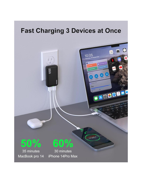 Cargador USB C 65W POANES 3 Puertos Carga Rápida Negro Cargador USB C 65W POANES 3 Puertos Carga Rápida Negro