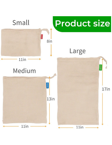Juego de 3 Bolsas Reutilizables EVANTHI Malla S M L Ecológicas