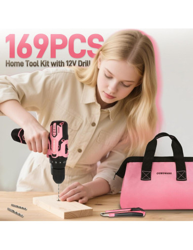 Kit de Herramientas Inalámbricas Rosa COMOWARE 12V con Taladro