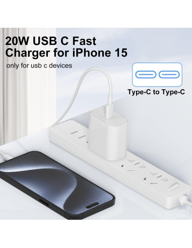 Cargador Rápido 20W USB C Apple con Cable 3m para iPhone 15