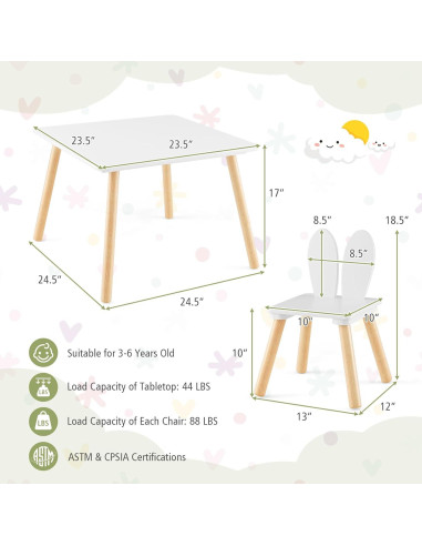 Conjunto Mesa y Sillas para Niños Costzon, 3 Piezas Blanco