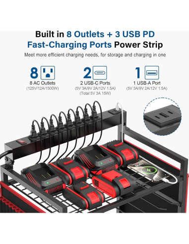 Carro Organizador de Herramientas Eléctricas JUNNUJ con 8 Salidas y Carga USB