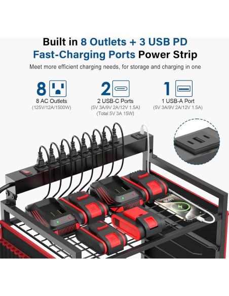 Carro Organizador de Herramientas Eléctricas JUNNUJ con 8 Salidas y Carga USB Carro Organizador de Herramientas Eléctricas JUNNUJ con 8 Salidas y Carga USB