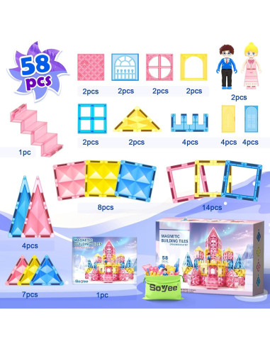 Azulejos Magnéticos Soyee para Niños 58 Piezas Rosa