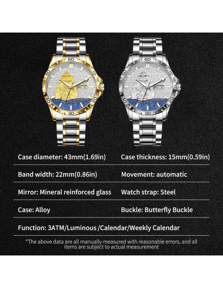 Reloj Automático Glenaw para Hombres 43mm Dorado Resistente 30m Reloj Automático Glenaw para Hombres 43mm Dorado Resistente 30m