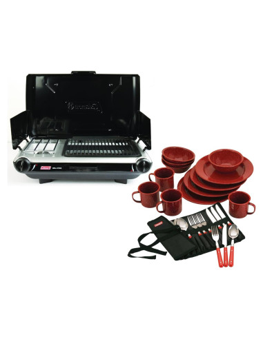 Set de Camping Coleman 24 Piezas Vajilla y Parrilla 2 en 1
