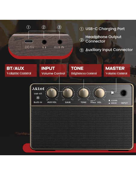 Amplificador de guitarra AKLOT Volt-XII 10W portátil recargable Amplificador de guitarra AKLOT Volt-XII 10W portátil recargable