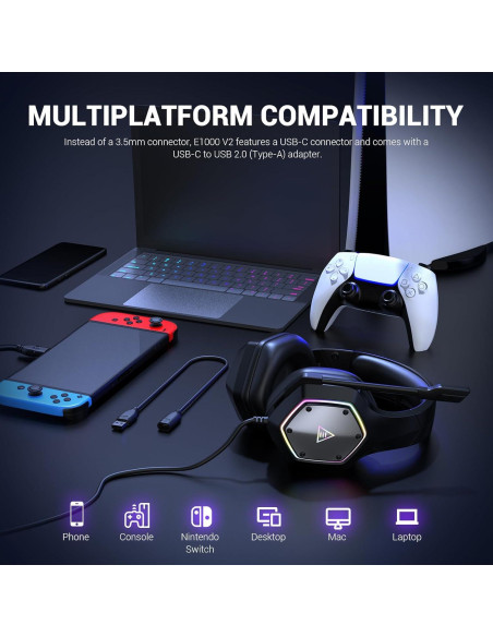 Auriculares de Juego EKSA E900 y E1000 V2 con Conector 3.5mm, USB y Tipo C Auriculares de Juego EKSA E900 y E1000 V2 con Conector 3.5mm, USB y Tipo C