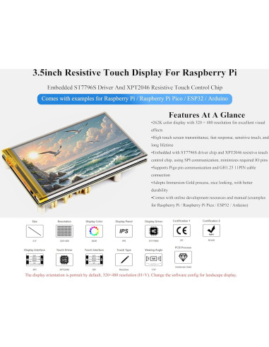 Pantalla Táctil Resistiva 3.5" Wonrabai LCD IPS 320x480