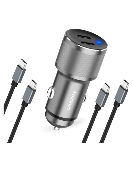 Cargador de Coche USB C Dual 60W WORSORS con 2 Cables 1m Cargador de Coche USB C Dual 60W WORSORS con 2 Cables 1m