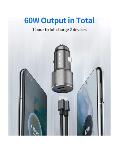 Cargador de Coche USB C Dual 60W WORSORS con 2 Cables 1m