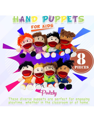 Set de 8 Marionetas de Mano Multiculturales Podzly - 33 cm