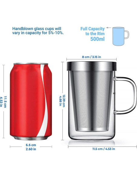 Taza de Té de Vidrio Borosilicato Ecooe 500ml con Infusor Acero Taza de Té de Vidrio Borosilicato Ecooe 500ml con Infusor Acero