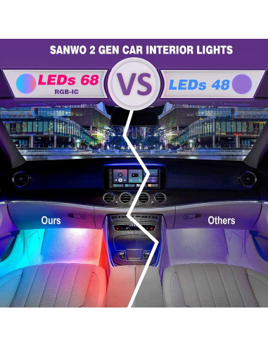 Luces LED interiores Sanwo para coche, 68 LEDs RGBIC, control APP