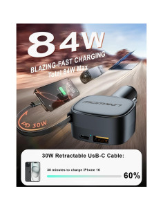 Cargador de Coche USB-C LINKWOW 84W Rápido con Cable Retráctil 2