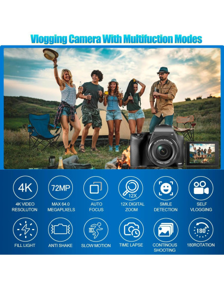 Cámara Digital OIEXI 4K 72MP Zoom Óptico 12X Pantalla 3" Cámara Digital OIEXI 4K 72MP Zoom Óptico 12X Pantalla 3"