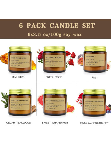 Set de 6 Velas Aromáticas de Soja Natural - Cera de Soja - Regalos