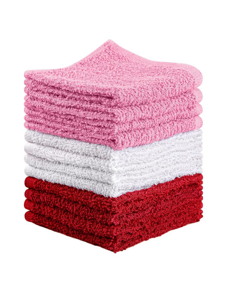 Juego de 12 Paños de Lavado 100% Algodón T & L - Rojo, Blanco y Rosa Juego de 12 Paños de Lavado 100% Algodón T & L - Rojo, Blanco y Rosa