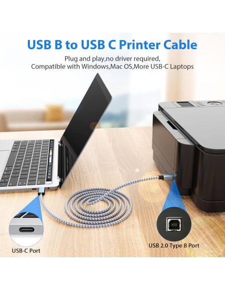 Cable de impresora USB B a C 2.0 AIAUXAI 2M Gris Cable de impresora USB B a C 2.0 AIAUXAI 2M Gris