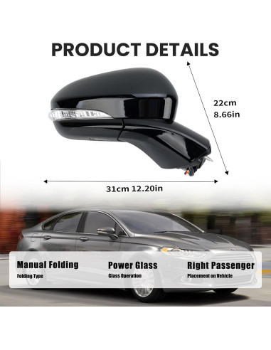 Espejo Lateral Derecho Ford Fusion 2016-2022 Calentado Negro