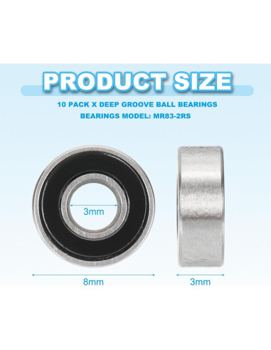 Rodamientos de Bolas PATIKIL MR83-2RS 3x8mm Doble Sellado - Paquete de 10