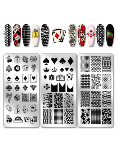 Placas de Estampado de Uñas PH PandaHall - 3 Piezas, Acero Inoxidable, Diseño Póker