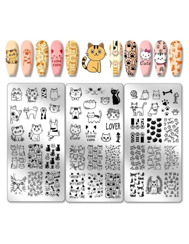 Placas de Estampado de Uñas PH PandaHall - 3 Piezas Gato