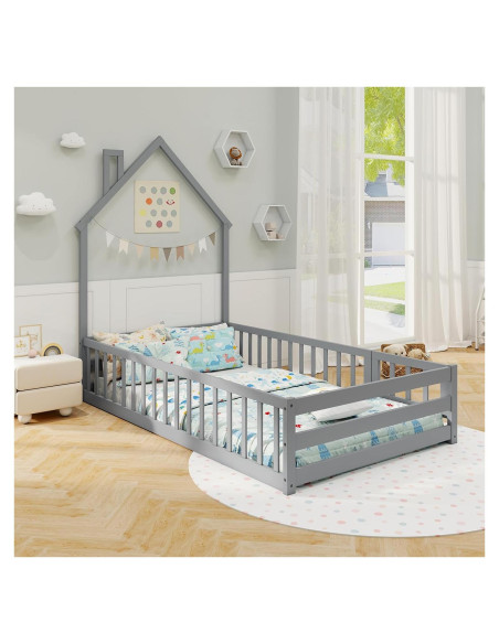 Cama Twin Montessori MAT EXPERT Gris con Barandillas y Puerta Cama Twin Montessori MAT EXPERT Gris con Barandillas y Puerta