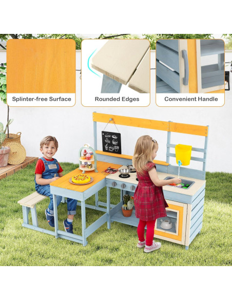 Cocina de Juguete de Madera HONEY JOY 2 en 1 con Mesa y Banco Cocina de Juguete de Madera HONEY JOY 2 en 1 con Mesa y Banco