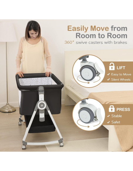 Cuna Lateral 4 en 1 OHFLY Gris Oscuro Plegable con Ruedas Cuna Lateral 4 en 1 OHFLY Gris Oscuro Plegable con Ruedas