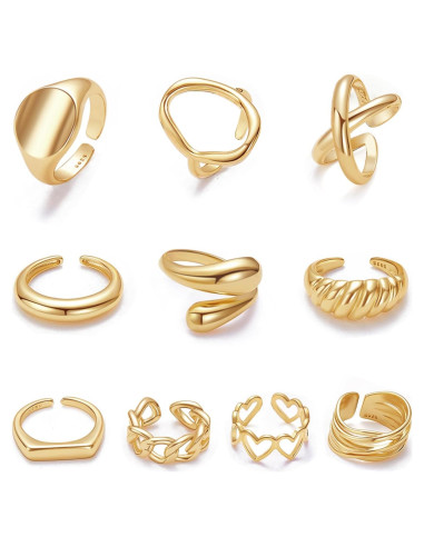 Conjunto de 10 Anillos Dome Gruesos de Oro 18K Ajustables