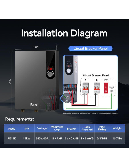 Calentador de Agua Eléctrico Sin Tanque Ranein 18kW 240V LED Calentador de Agua Eléctrico Sin Tanque Ranein 18kW 240V LED