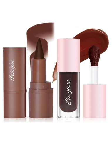 Set de Maquillaje Labial Nude Marrón - Lápiz y Brillo Labial