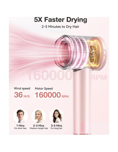 Secador de Pelo Iónico Tailulu 160000 RPM Rosa Portátil