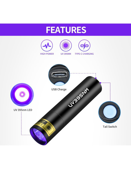 Linterna UV Recargable WMCODMW Mini 365nm 395nm Luz Negra Linterna UV Recargable WMCODMW Mini 365nm 395nm Luz Negra