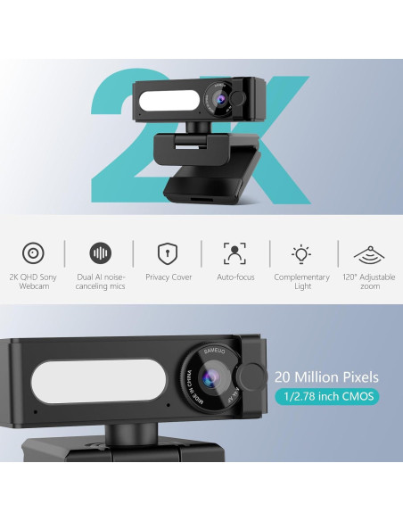 Cámara Web 2K Sameuo G53-2K con Micrófonos AI y Luz LED Cámara Web 2K Sameuo G53-2K con Micrófonos AI y Luz LED
