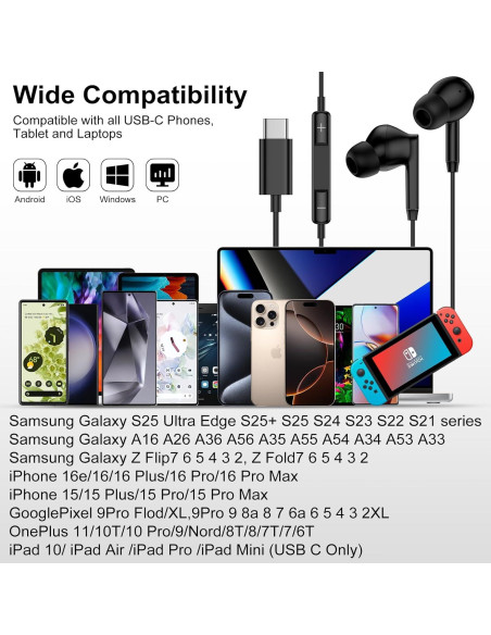 Auriculares USB C Samsung A16 A26 A36 S25 Ultra Estéreo Auriculares USB C Samsung A16 A26 A36 S25 Ultra Estéreo