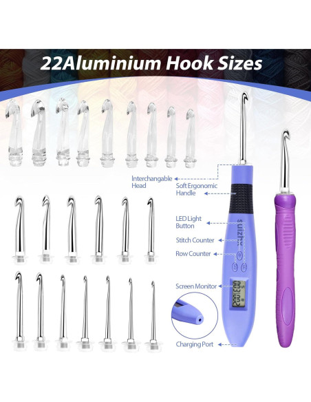 Juego de Ganchillos Ergonómicos SUIZHX con 22 Agujas Iluminadas Juego de Ganchillos Ergonómicos SUIZHX con 22 Agujas Iluminadas