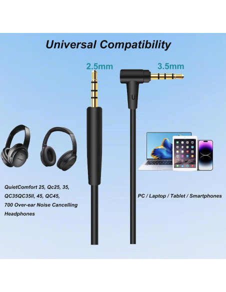 Cable de audio 3.5mm a 2.5mm Minochi para auriculares Bose QC45 QC35 Cable de audio 3.5mm a 2.5mm Minochi para auriculares Bose QC45 QC35