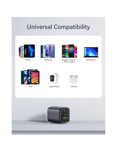 Cargador USB C VOLTME 30W GaN Doble Puerto Plegable Negro