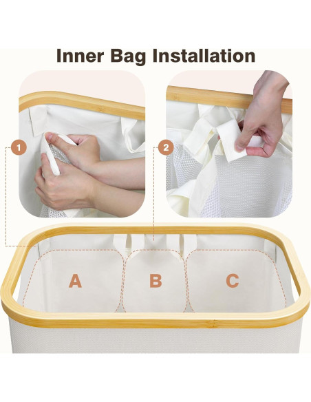 Cesta de Ropa Sucia con Tapa Bathola 160L Beige 3 Secciones Cesta de Ropa Sucia con Tapa Bathola 160L Beige 3 Secciones