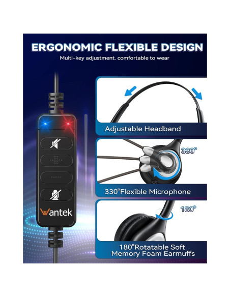 Auriculares USB Wantek UC600 con micrófono y cancelación de ruido Auriculares USB Wantek UC600 con micrófono y cancelación de ruido