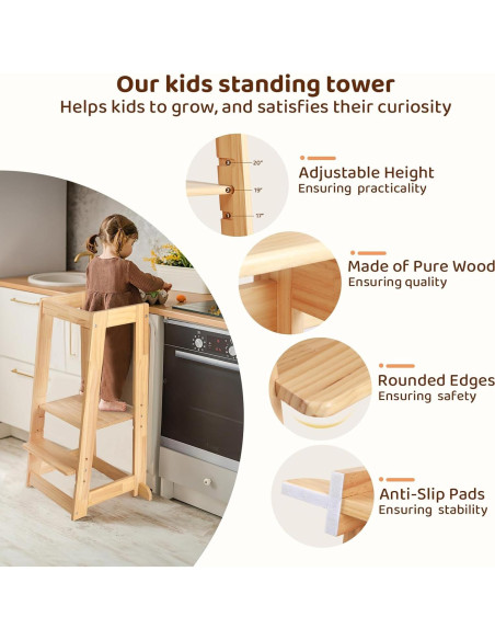 Taburete Ajustable KIDINIX para Niños, Madera Natural, 3 Alturas Taburete Ajustable KIDINIX para Niños, Madera Natural, 3 Alturas