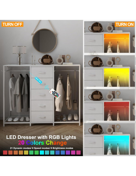 Cómoda blanca Espelism 5 cajones con perchero y luces LED Cómoda blanca Espelism 5 cajones con perchero y luces LED