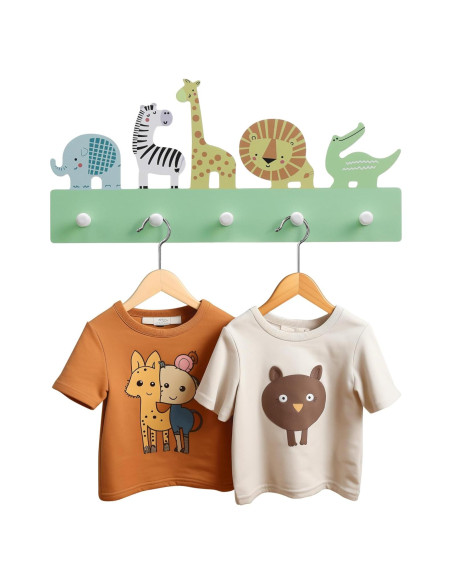 Perchero Infantil Navaris de Madera con 5 Ganchos - Diseño de Animales Perchero Infantil Navaris de Madera con 5 Ganchos - Diseño de Animales