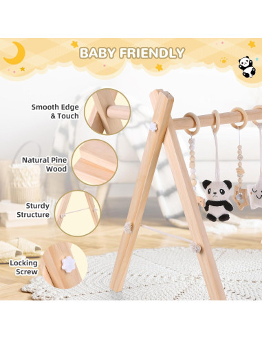 Gimnasio de Juego de Madera Plegable para Bebés con Alfombra y 6 Juguetes Sensoriales