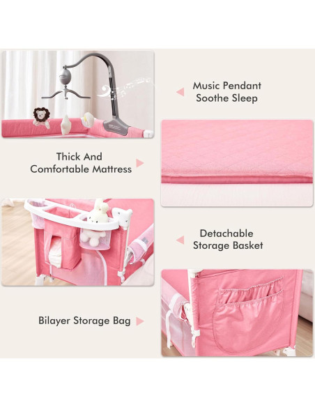 Cuna de Bebé 5 en 1 ANGELBLISS Rosa Plegable con Cambiador Cuna de Bebé 5 en 1 ANGELBLISS Rosa Plegable con Cambiador